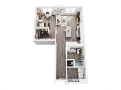 a floor plan of a studio apartment with a bedroom and kitchen